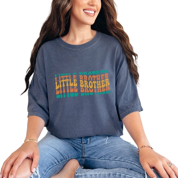 Little Brother, Sibling or Family Themed, Groovy Retro Wavy Text, Denim Comfort Colors T-Shirt, Small