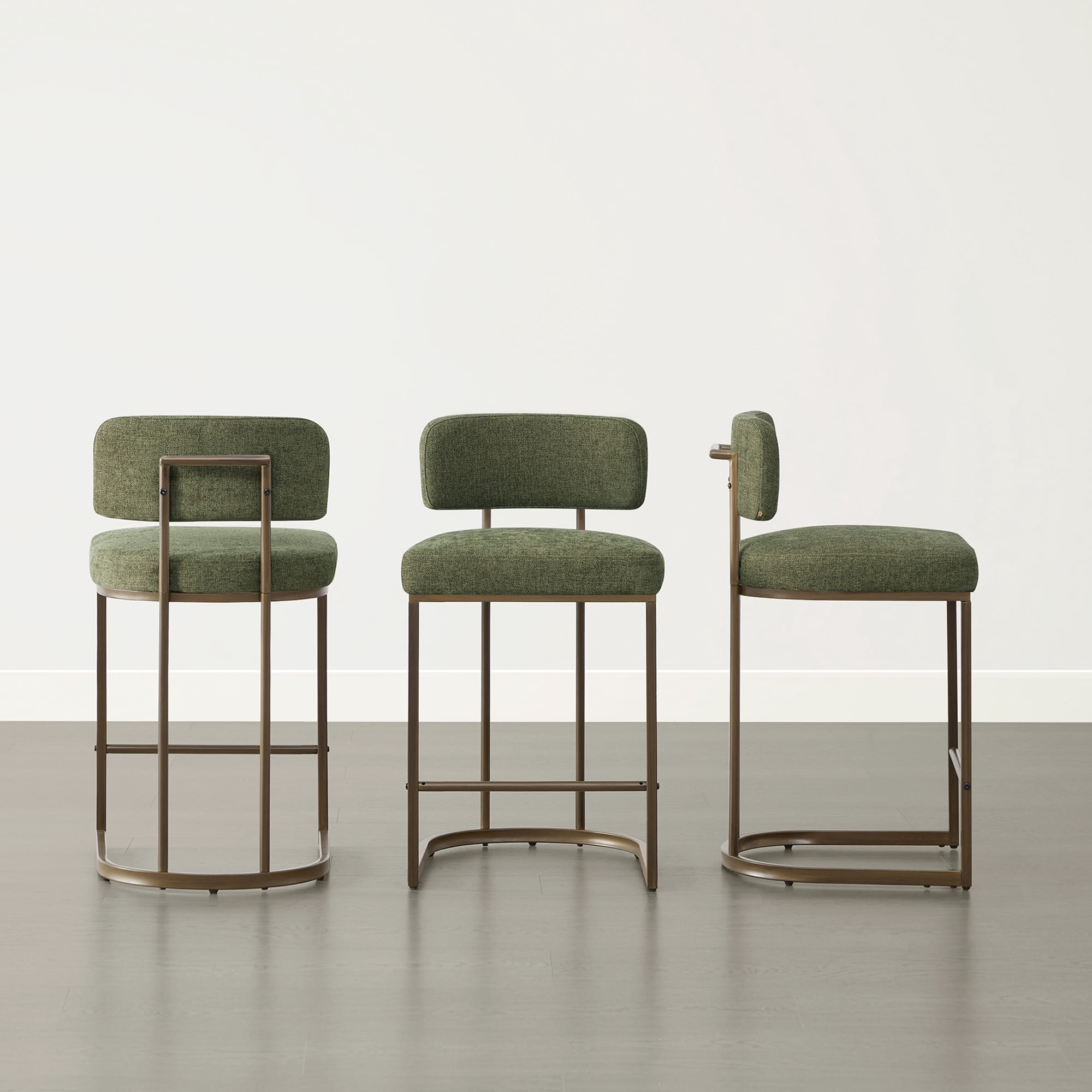 Spruce & Spring Modern 26-Inch Counter Bar Stool Set with Brass Frame Set of 2, Moss Green with Brass Frame