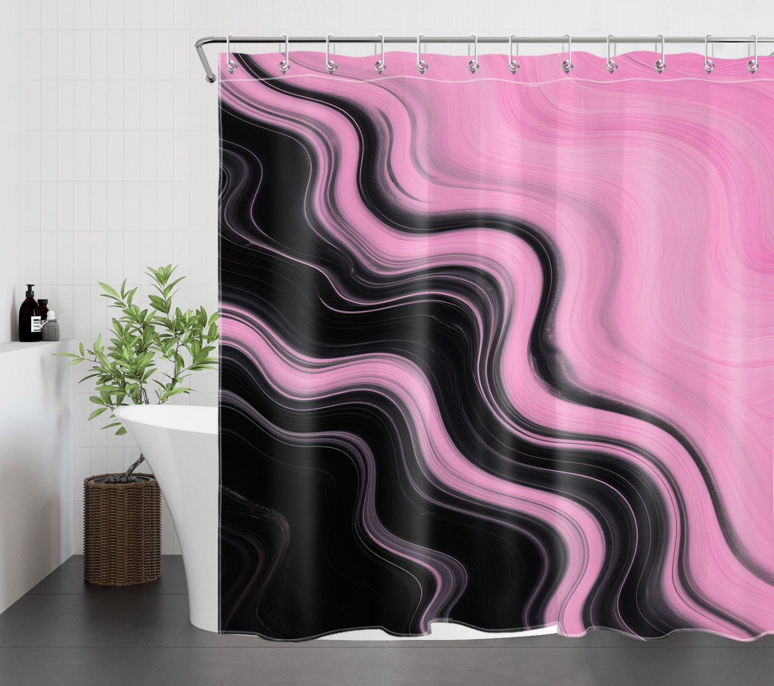 HVEST Pink and Black Wave Shower Curtain with Abstract Black and Pink Geometric Marble Design - Modern Aesthetic Bathroom Decor, Waterproof Polyester Fabric, Includes 12 Hooks, 72x78 Inches