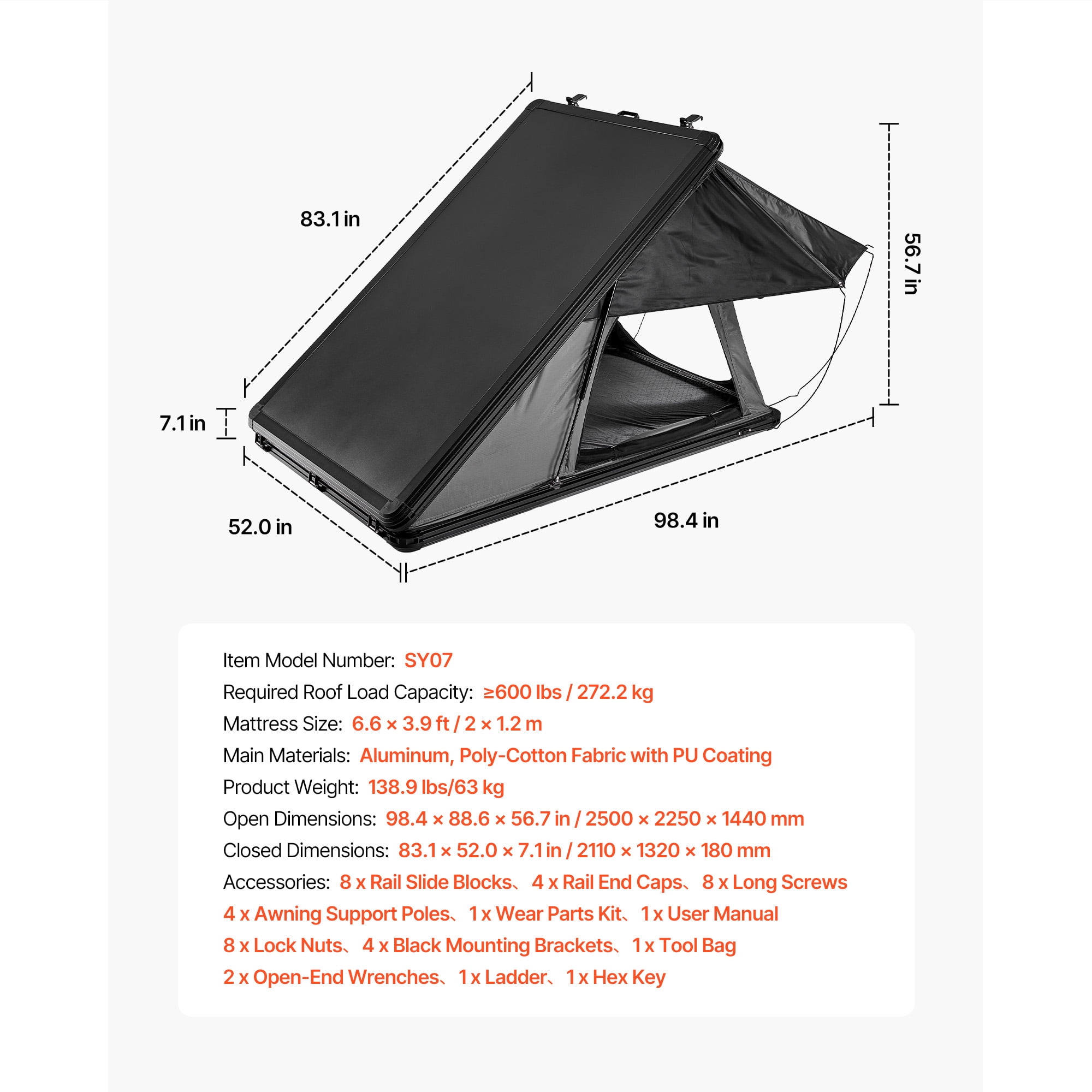 KFFKFF Hard Shell Rooftop Tent for 2-3 People, Aluminum Roof Tent with LED Lighting & Comfortable Mattress, Weather-Resistant Camping Tent for SUVs, Jeeps, and Trucks