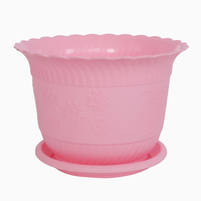 Maceta de plástico con patrón floral para jardín en casa, cactus, aloe, color rosa con bandeja