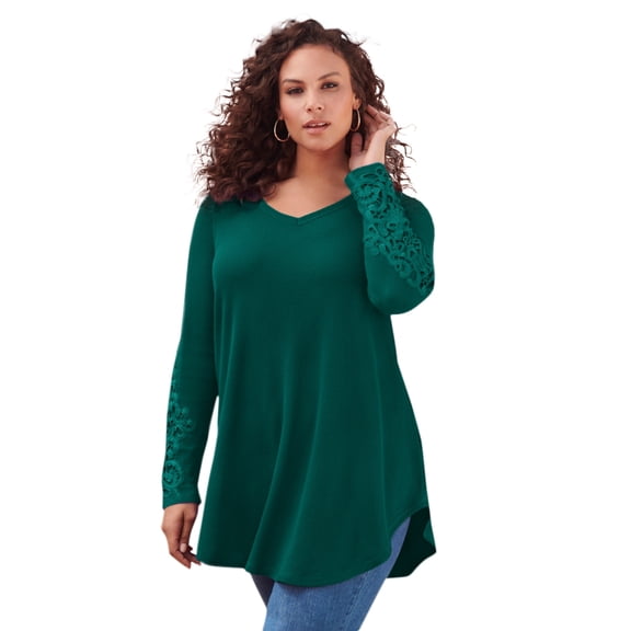Roaman's Women's Plus Size Knit Thermal Lace Trim Tunic – Long Sleeve