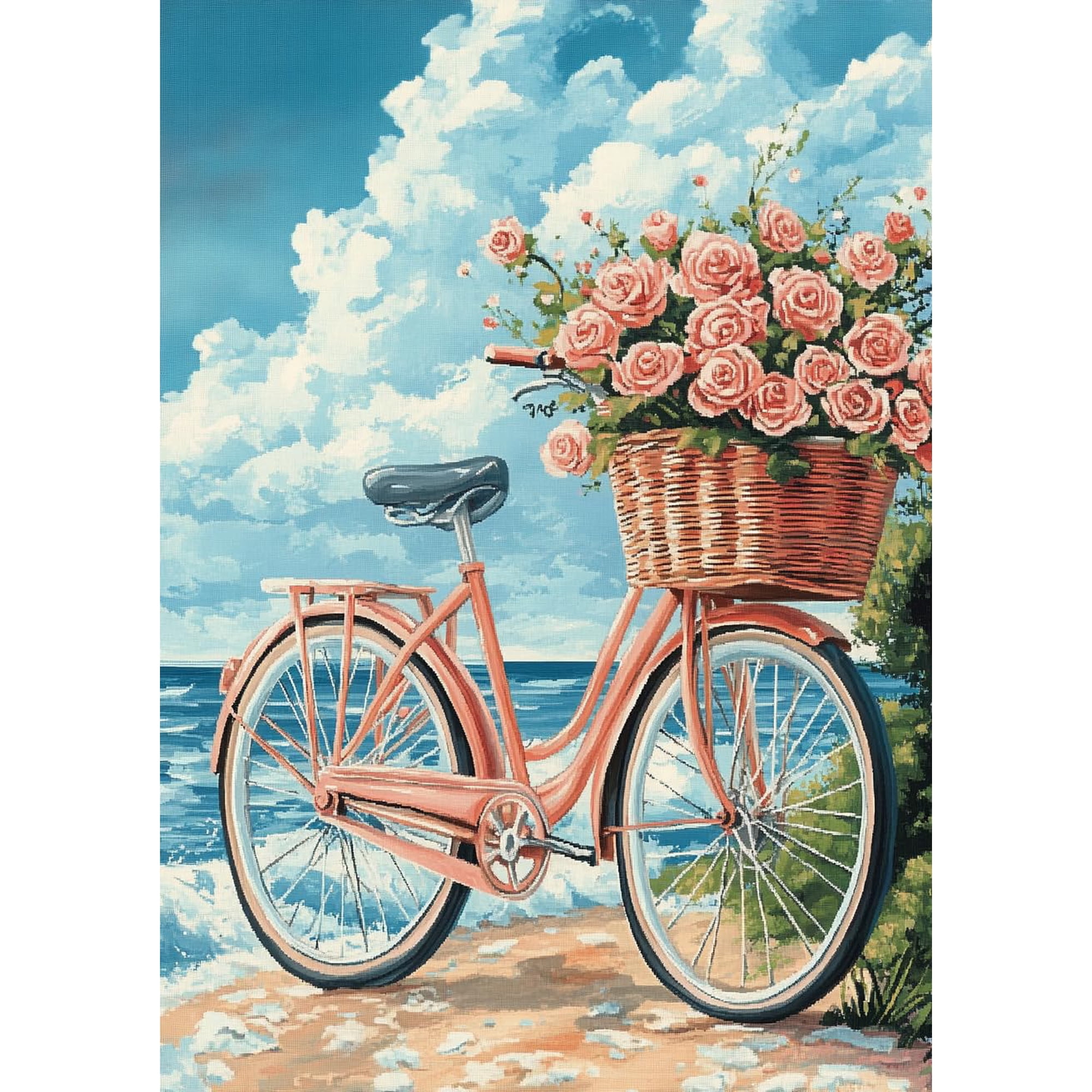 DIY Cross Stitch Kit for Beginners Bicycle with Basket of Roses Flowers 11CT Complete Embroidery Kit with Pattern Stamped Needlepoint Craft Kit for Home Decor 30x40cm-11