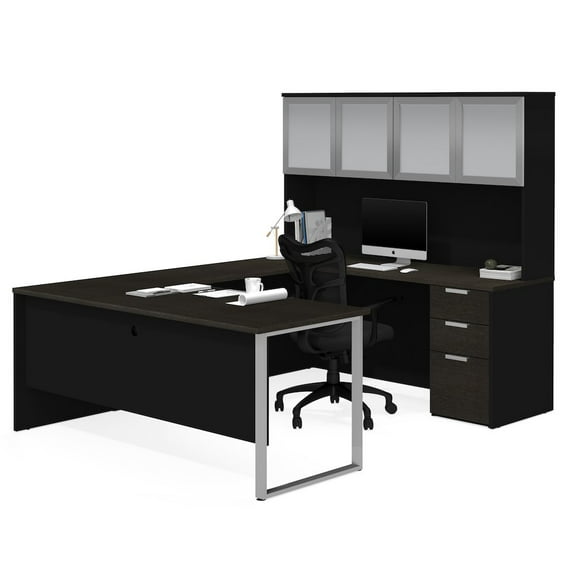 Bestar Pro Concept Plus U Desk with 4 Door Hutch in Deep Gray and Black