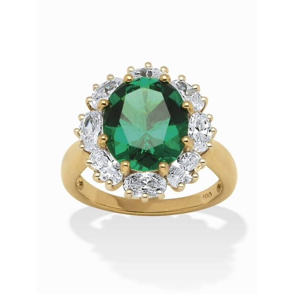 PalmBeach Jewelry 7.08 TCW Created Oval-Cut Emerald Ring with CZ Accents in 18k Gold-plated Sterling Silver