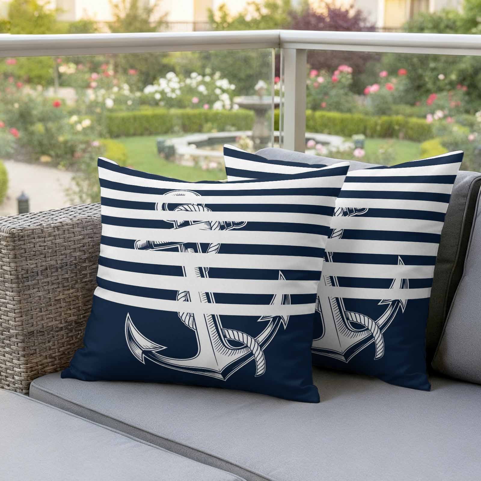 Navy Blue Anchor Outdoor Waterproof Pillow Covers, Nautical Coastal Abstract Art Decorative Square Throw Pillowcase Sofa Cushion Sham for Patio/Couch/Chair, 20"x20" 2 Pack