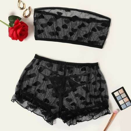 

Miayilima Women Tube Top Shorts Thong Heart Pattern Frill Trim Sheer Lingerie Set Pajamas