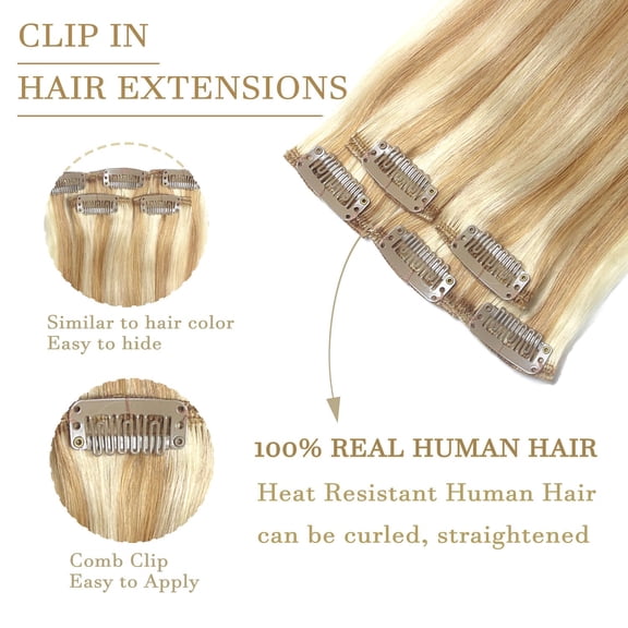WEIF-5PCS Clip In Hair Extensions Human Hair Balayage Golden brown to Blonde 18Inch Remy Hair for Women Girls #27p613