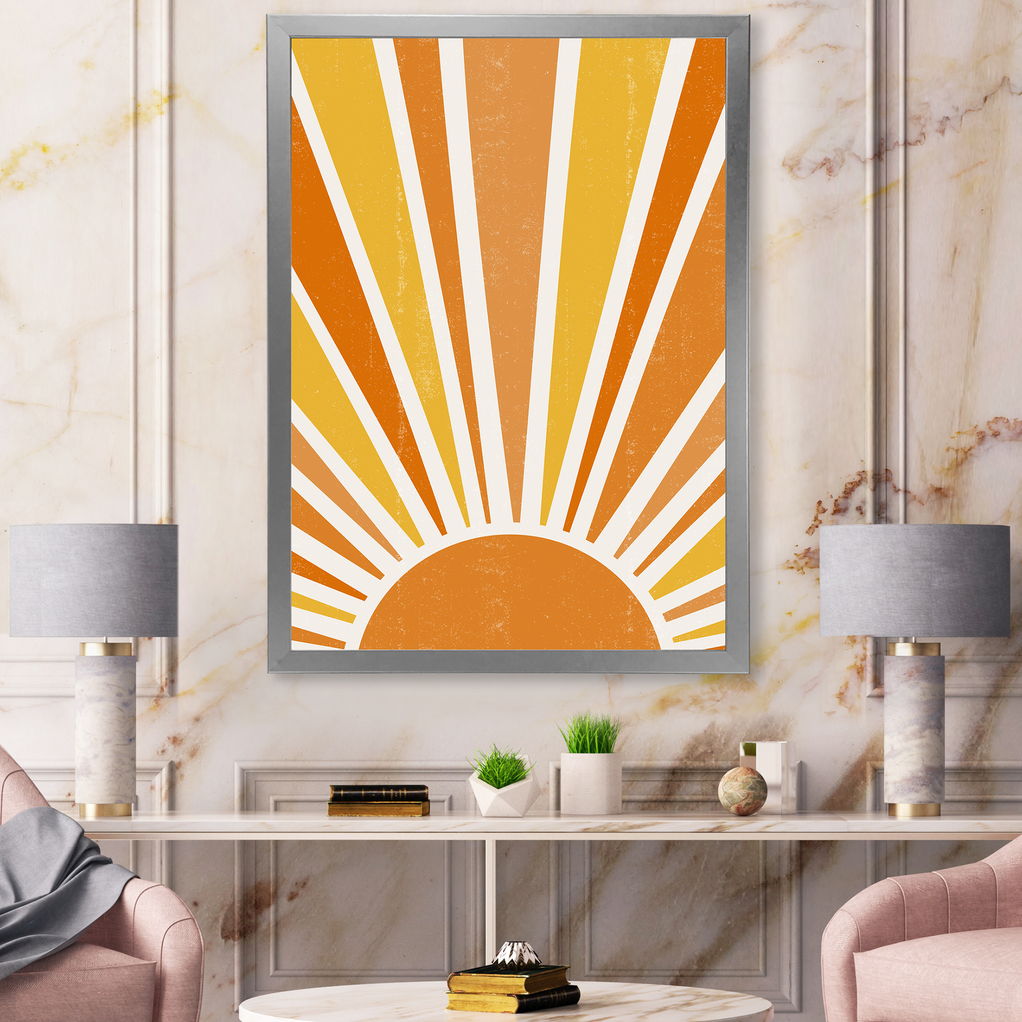 Designart 'Minimal Bright Shining Orange Sun Rays II' Modern Framed Art Print