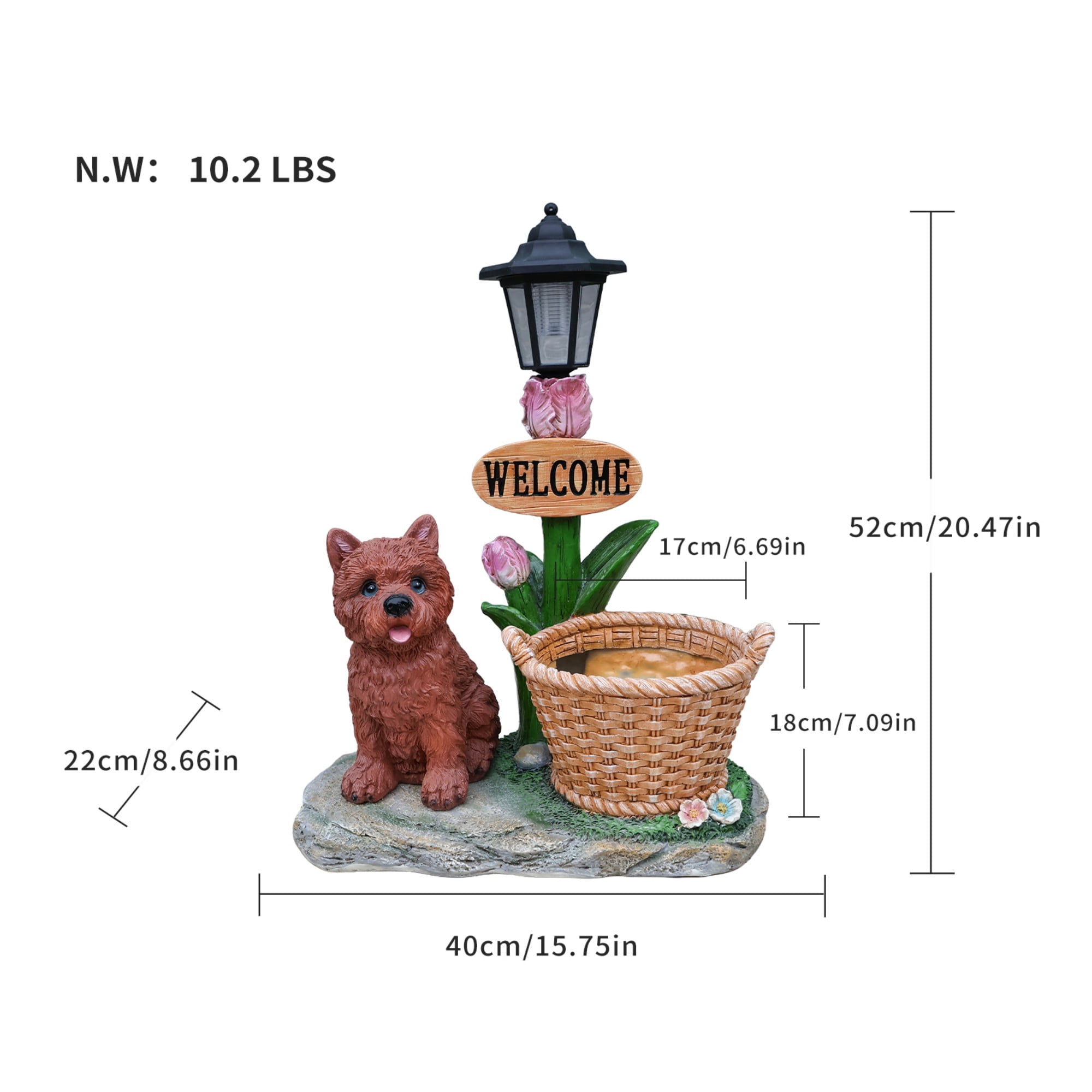 Sitting Puppy Solar Planter Statue, Brown Resin Garden Decor with LED Light for Yard Patio Balcony Outdoor