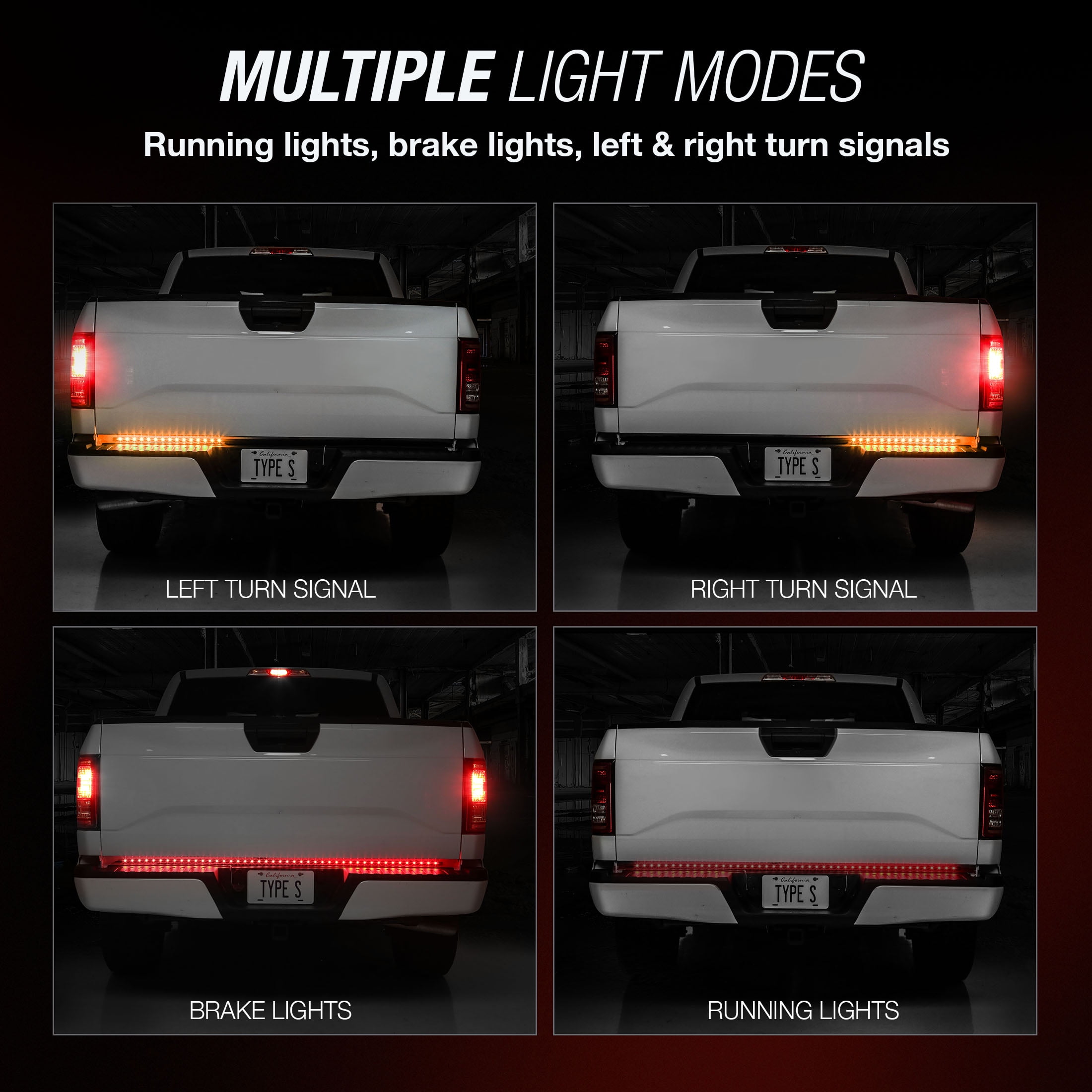 (2 pack) TYPE S - Tailgate LED Strip - 4-Pin Trailer Plug, Red Brake and Running Lights, Amber Turn Signal Indicators, IP65, 3M Adhesive, 1 x 48" Strip, 48 inches