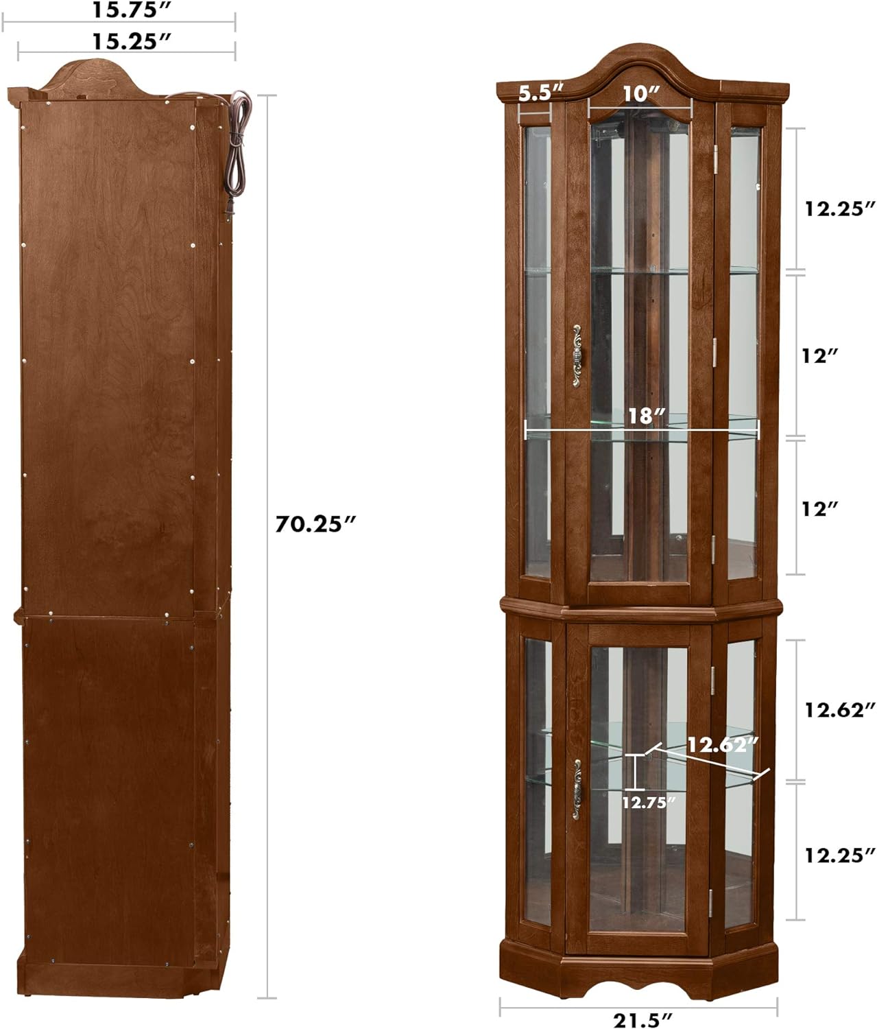 Miniyam 5 Shelf Corner Curio Display Cabinet with Lights,China Display Cabinet with Glass Doors,Lighted Display Cabinet,Walnut(E26 light bulb not included)