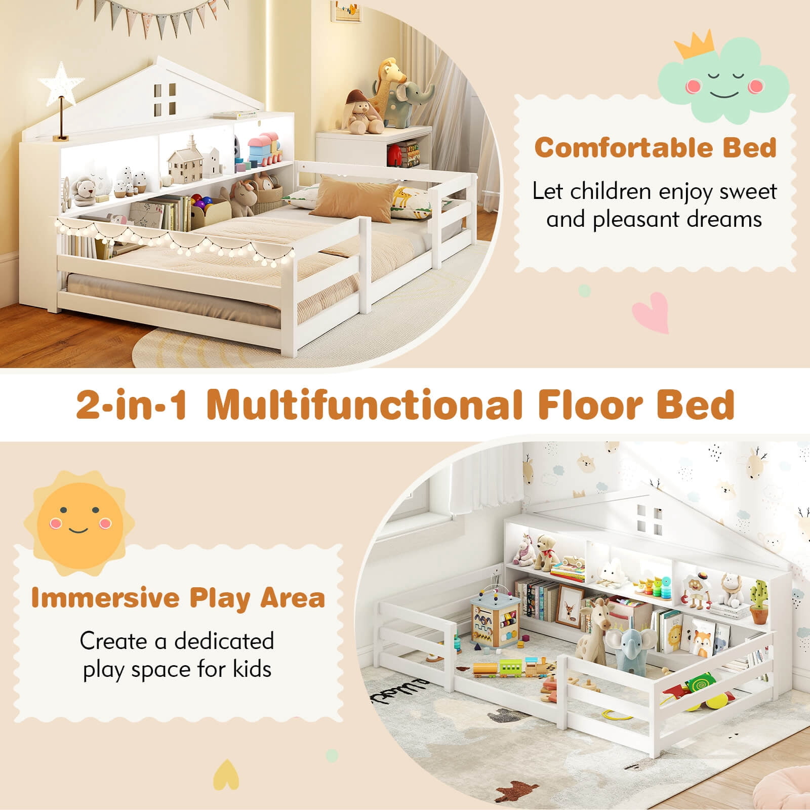 Costway Twin Size Montessori Floor Bed with LED Lights Safety Guardrails Compartments Shelf White