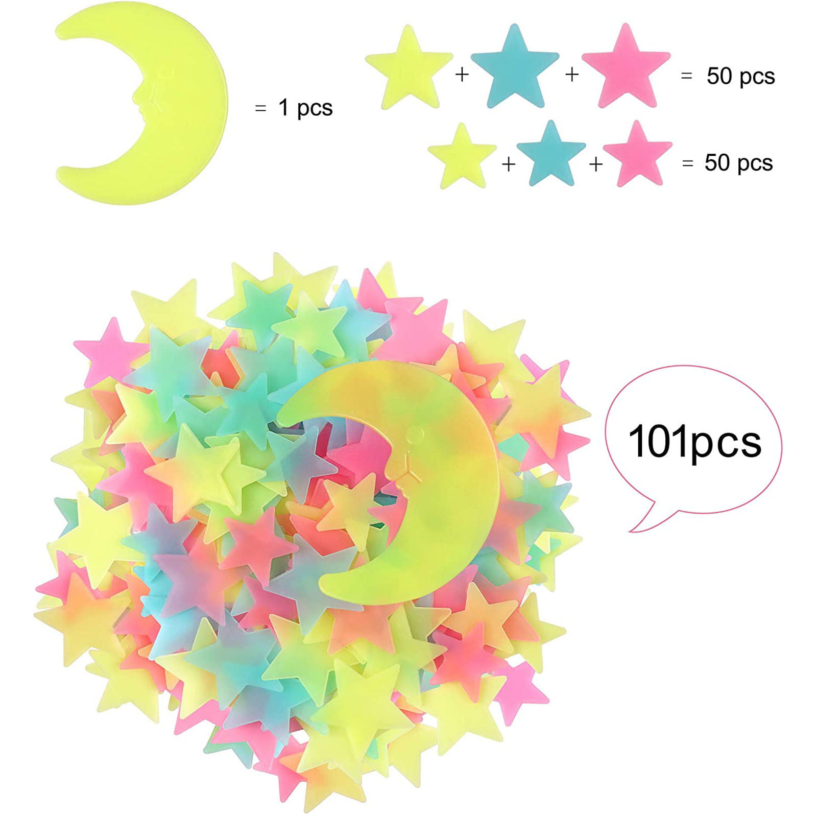 101pcs DIY Wall/Ceiling Multicolour Stars Stickers Fluorescent Glow In the Dark