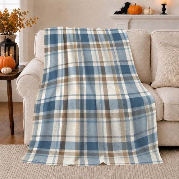Serene Blue Plaid Farmhouse Comfort, Peaceful Artistic Scene, Warm Flannel Blanket for Ranch House and Living Room, Art Lovers person's Day Gift, Artistic Home Decor