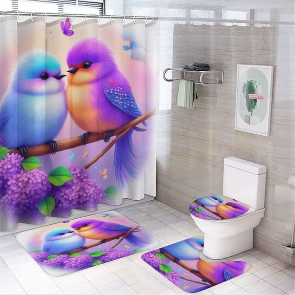 Charming Birds in Lilac Garden Shower Curtain Bathroom Sets Toilet Lid Rug, Bath Mat And Contour Mat, Shower Curtain 4Pcs