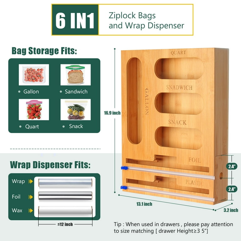 Kalrin Bamboo Ziplock Bag Storage Organizer for Kitchen Drawer, 6 in 1 Foil  and Plastic Wrap Organizer with Cutter, Compatible with Gallon, Quart,  Sandwich and Snack Bag, Yellow 