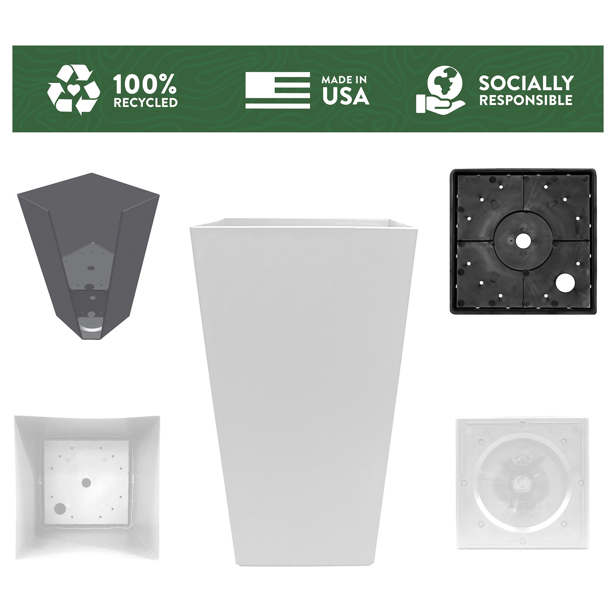 Bloem Finley 20" Tall Square White Plastic Resin Planter with Drainage Holes for Indoor and Outdoor Gardening