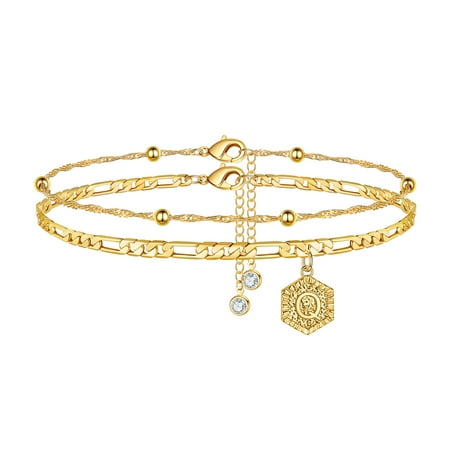 TINGN Layered Ankle Bracelets for Women 14K Gold Filled Figaro Chain Initial Anklets
