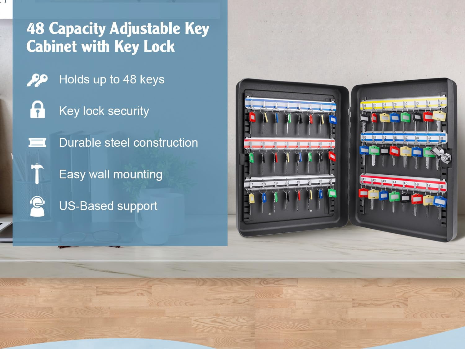 Barska 48-Position Key Cabinet Lock Box - Wall Mount with Key Lock, Adjustable Numbered Hooks & Color-Coded Key Tags for Home, Office, or Business CA2