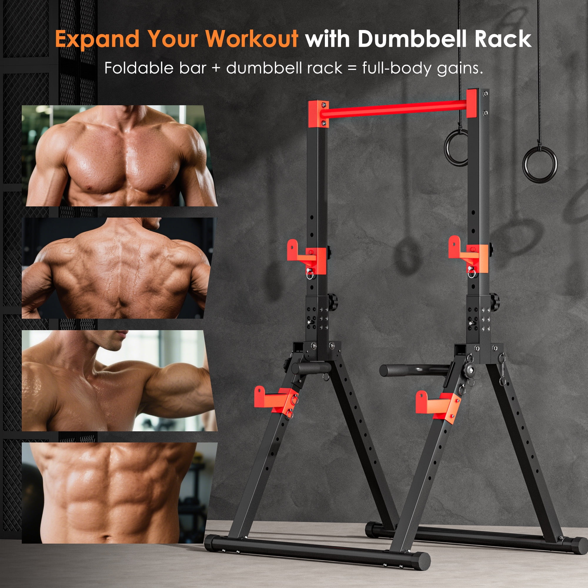 Multifunction Foldable Triangular Structure Pull Up Station , Free Standing Power Tower Pull Up Bar Dip Station Adjustable Height Strength Training Workout Equipment, Support 500lbs, Black + Red