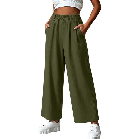 PWPSG Womens Wide Leg Capri Pants, High Waist Elastic Waistband, Breathable Material and Side Pockets for All Day Comfort Fit Green XL