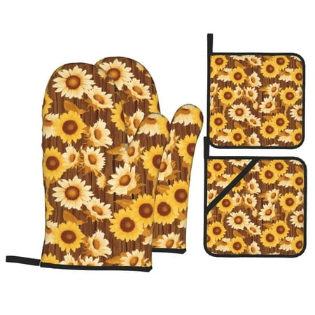 

Oven Mitts and Pot Holders Sets 4 pcs - Vintage Wood Grain Sunflower B Heat Resistant Silicone Oven Gloves with Non-Slip Silicone Surface and hot pads for kitchen Baking Cooking BBQ