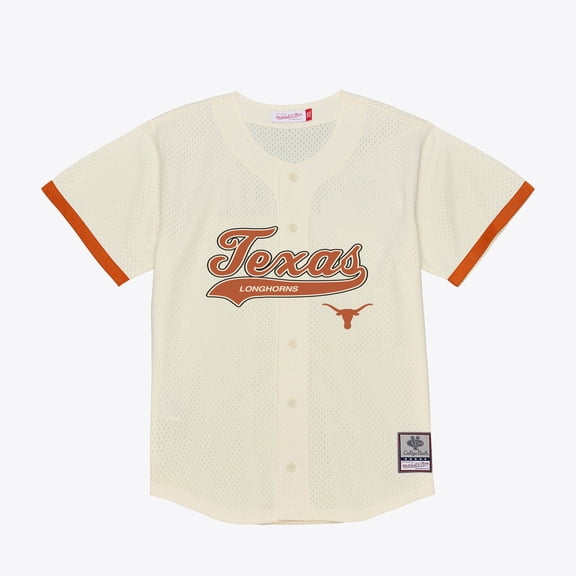 Men's Mitchell & Ness  Cream Texas Longhorns Mesh Button-Up Batting Practice Baseball Jersey