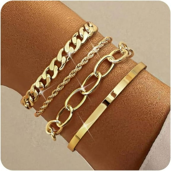 16k Chunky Gold Bracelets for Women Non Tarnish, Womens Gold Bracelet Stack Layered Chunky Chain Bracelets Link Cuff Herringbone Bracelet Mothers' Day Jewelry Gifts