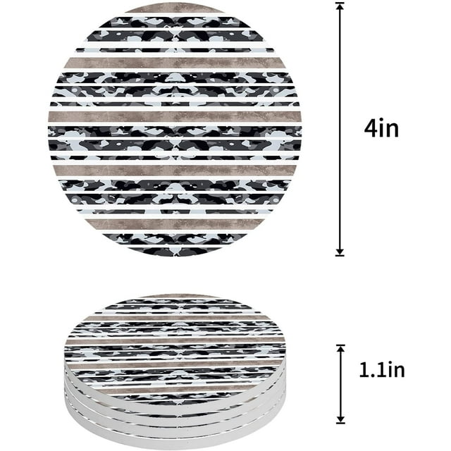 RYLABLUE Grey Camouflage Watercolor Gradient Texture Set of 6 Round Coaster for Drinks, Absorbent Ceramic Stone Coasters Cup Mat with Cork Base for Home Kitchen Room Coffee Table Bar Decor