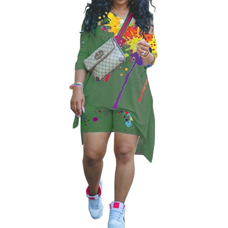 

Bomotoo Ladies Lounge Sets 3/4 Sleeve Jogger Set Ink Splash Print Two Piece Outfit Loose Fit Loungewear Sports Pajamas Military Green M