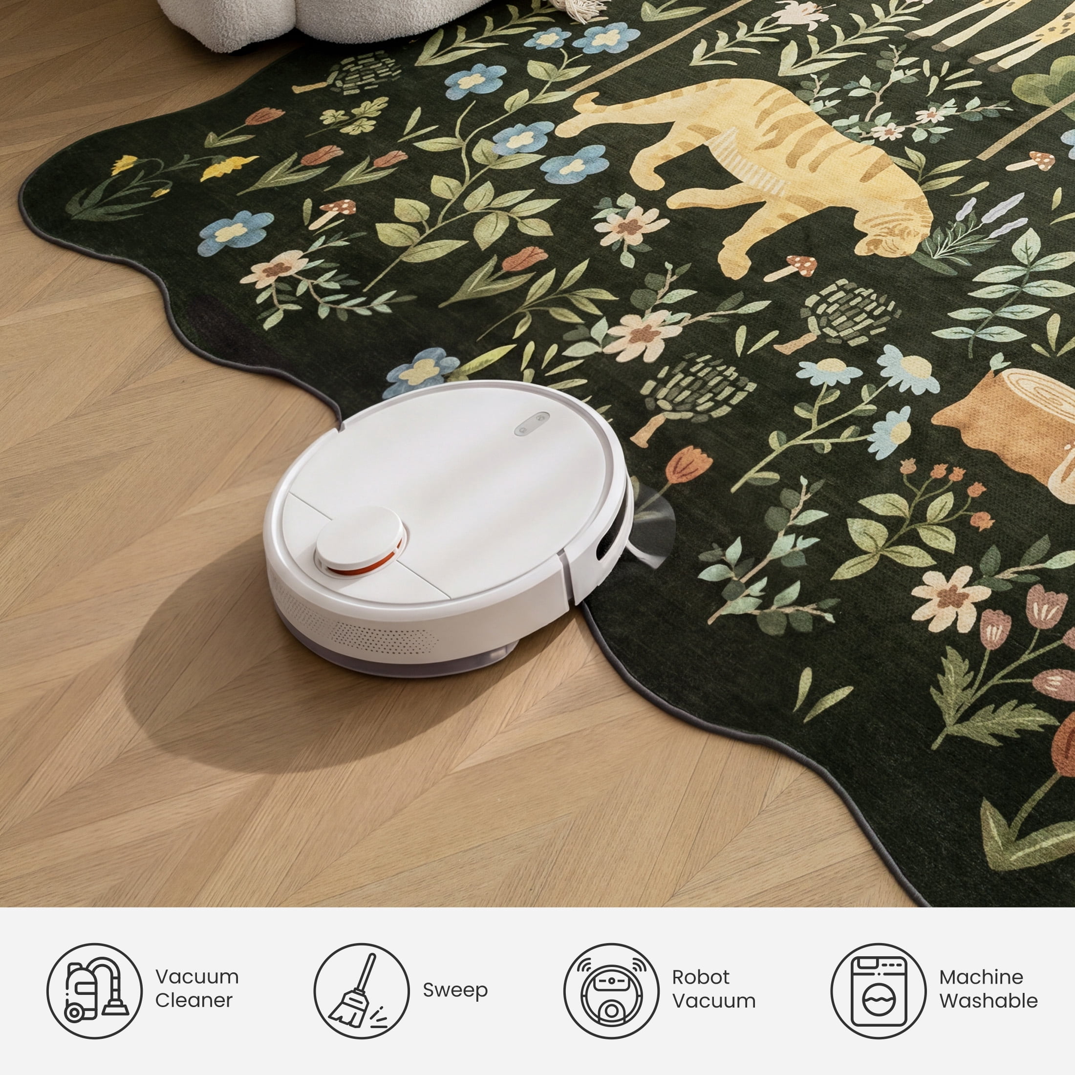 Sleep Zone 5x8 Washable Non Slip Area Rug Forest Creatures, Wave edge Scalloped Water Resistant Rug for Bedroom Living room