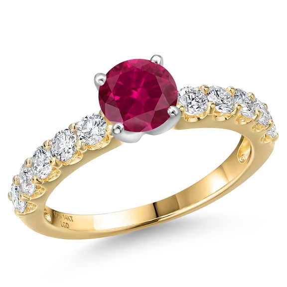 Gem Stone King 14K Two Tone Gold Red Created Ruby and Lab Grown Diamond Engagement Ring for Women | 1.25 Cttw | Round 5MM | Gemstone July Birthstone | Size 7