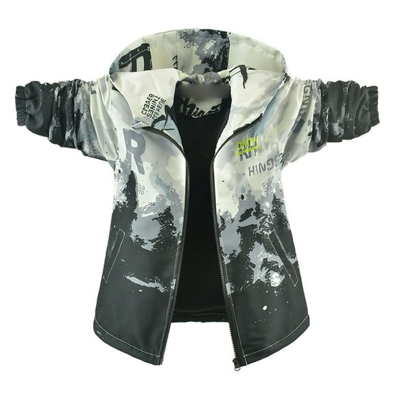 XEGLSBU Boys Jacket Size 8-10 Boys Windbreaker Jacket with Hood Outdoor Printed Jacket for Kids Youth Winter Warm Lined Coat Boys Lightweight Warm Black Size 7-8 Years