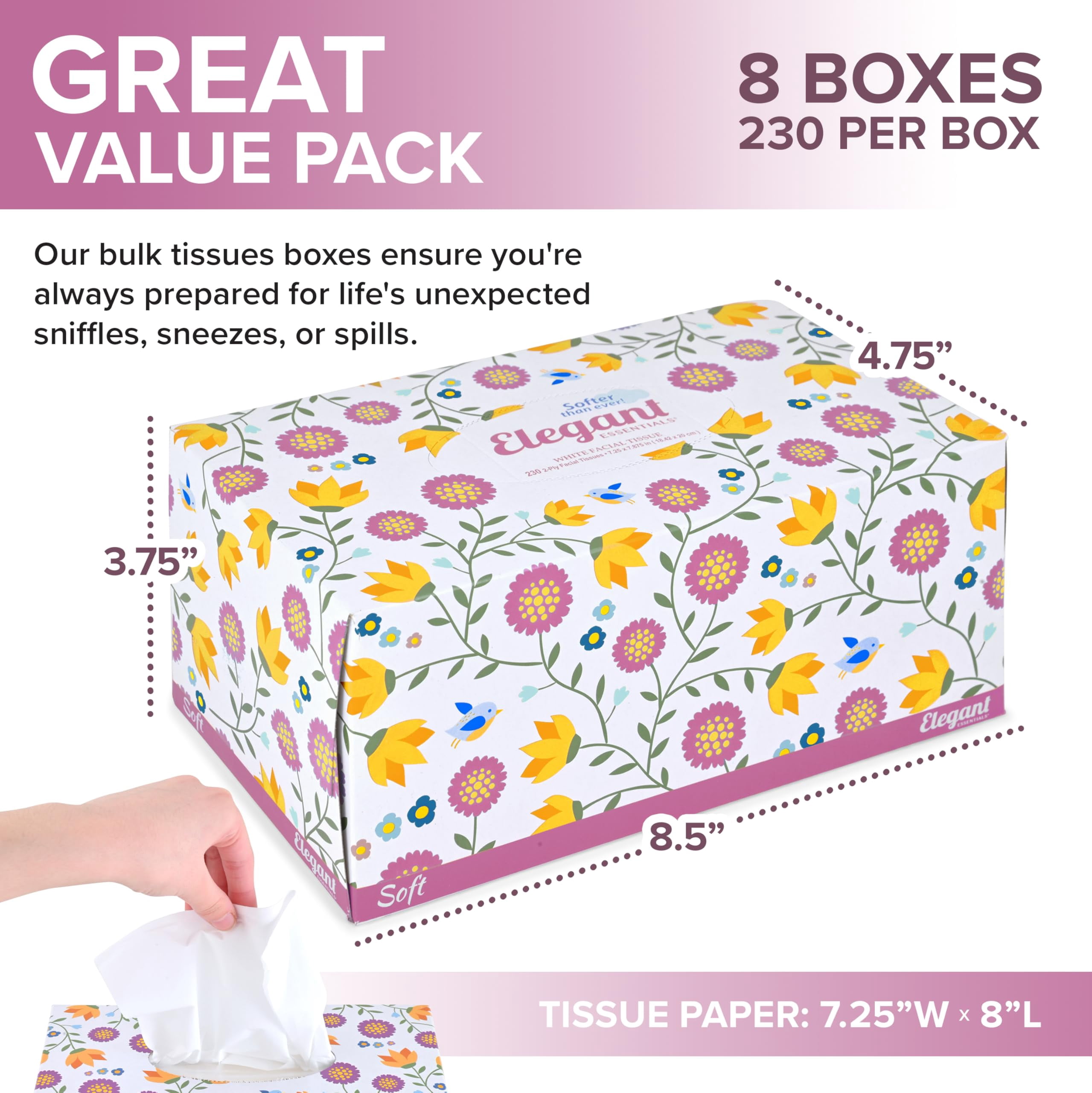 Premium Bulk Tissues, 8 Tissue Boxes of 230 Count Tissues, 2-Ply Soft Facial Tissues for Offices or School, Made in the USA, 1840 Total Count Bulk Face & Nose Tissue Paper for Home