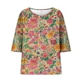 thumbnail image 3 of 3/4 Length Sleeve Womens Tops 2026 Floral Print Vintage Casual Loose with Round Neck Plus Size Shirts, 3 of 5