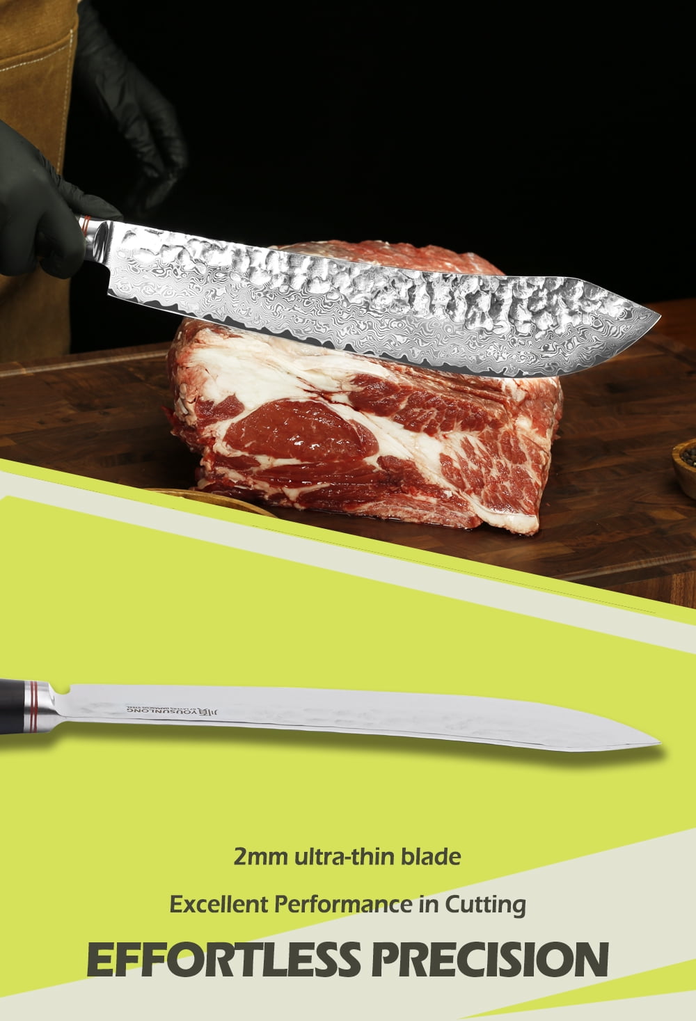 YOUSUNLONG 10 Inch Bull Nose Pro Butcher Knife, Japanese 67 Layers Hammered Damascus Steel