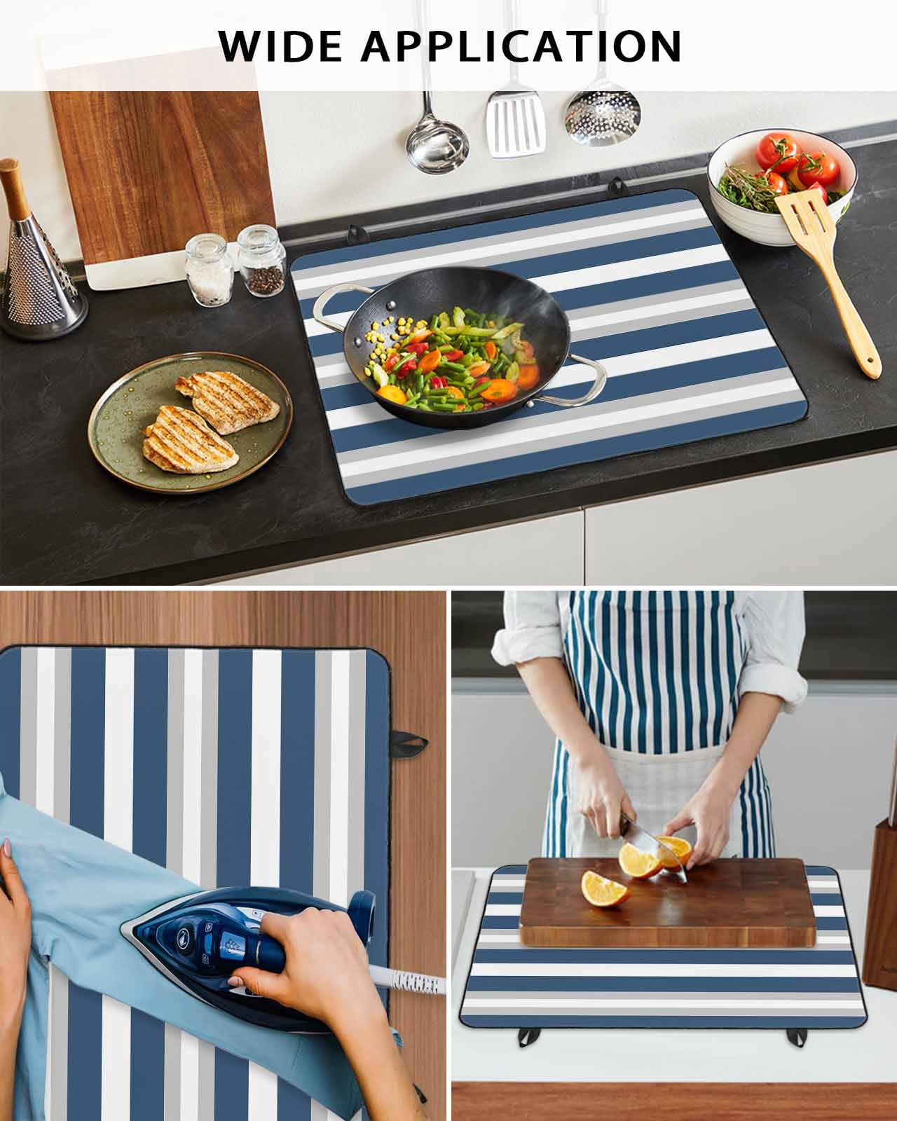 nqOlkjepod Large Induction Cooktop Protector Mat 36"x21", Navy Blue Grey Stripe Stove Top Covers for Electric Stove, Minimalist Farmhouse Striped Stove Burner Cover Mats, Glass Top Stove Cover