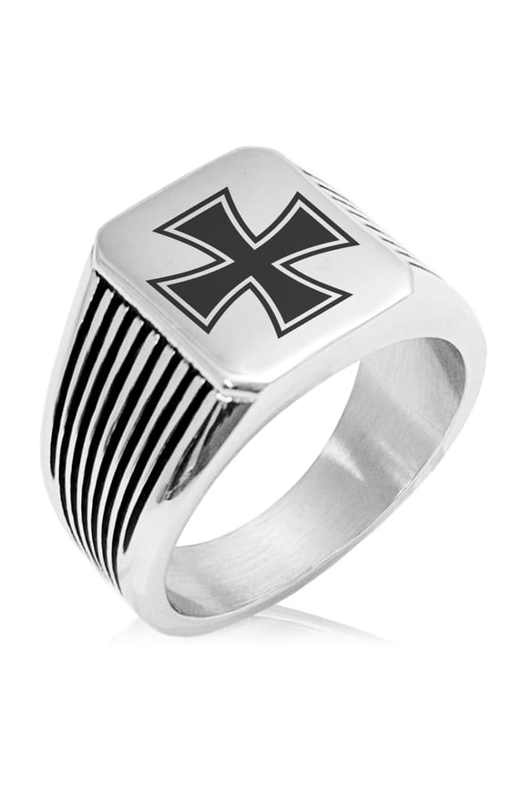 Stainless Steel Pattee Iron Cross Needle Stripe Pattern Biker Style Polished Ring