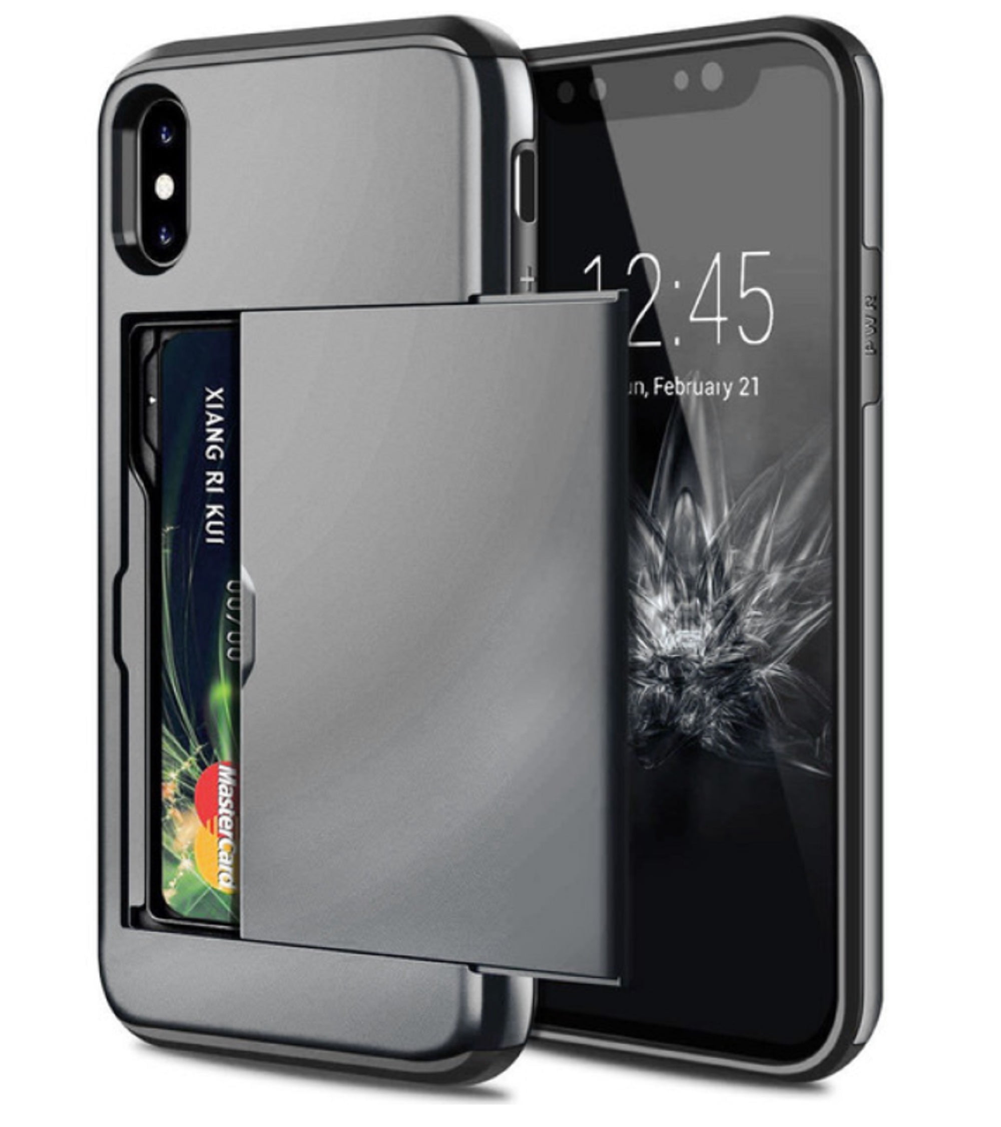 Card Holder iPhone XR Case (Gray) Dual Layer Shockproof Wallet with