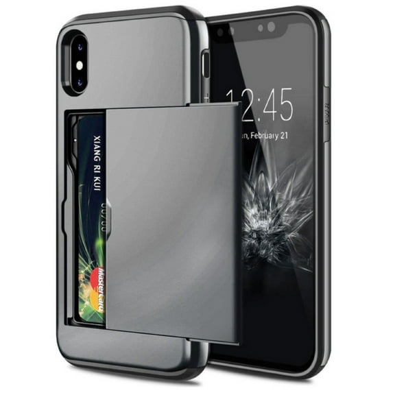 Card Slot Holder Wallet iPhone XS Case - (Gray) Dual Layer Shockproof with Heavy Duty Protection