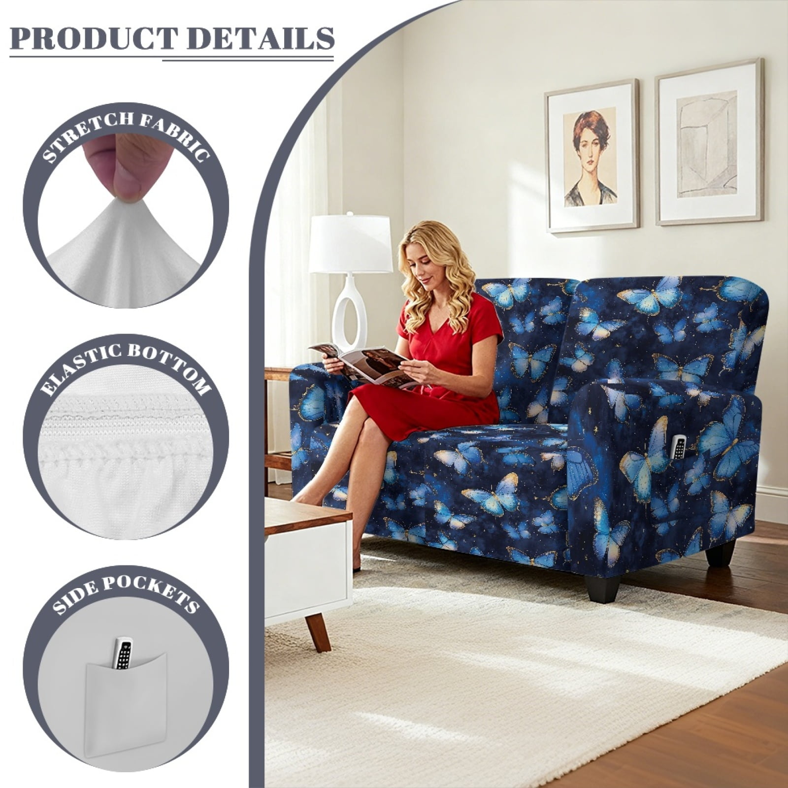 Xoenoiee Blue Butterfly Print 6 Pieces Recliner Loveseat Covers Stretch Recliner Sofa Slipcover with Elastic Bottom Jacquard Fitted Reclining Couch Cover Furniture Protector with Pockets