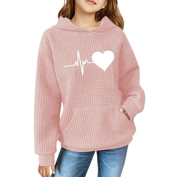 Mercatoo Girls' Hooded Sweatshirts 𝗪affle Loose 𝗛oodie with Print Long Sleeve Soft Pullover with Pocket for Kids Girls
