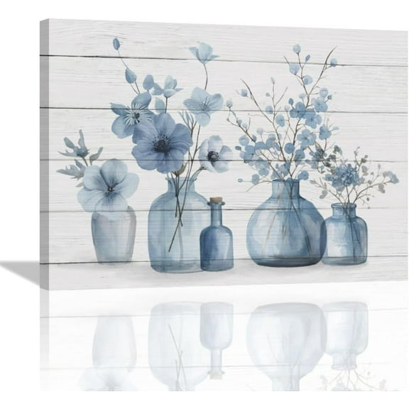 Blue Flower Bathroom Wall Art Floral Pictures Wall Decor Blue And White Canvas Prints Framed Artwork Home Office Decorations for Bathroom Living Room Bedroom Dinning Room 16"x12"