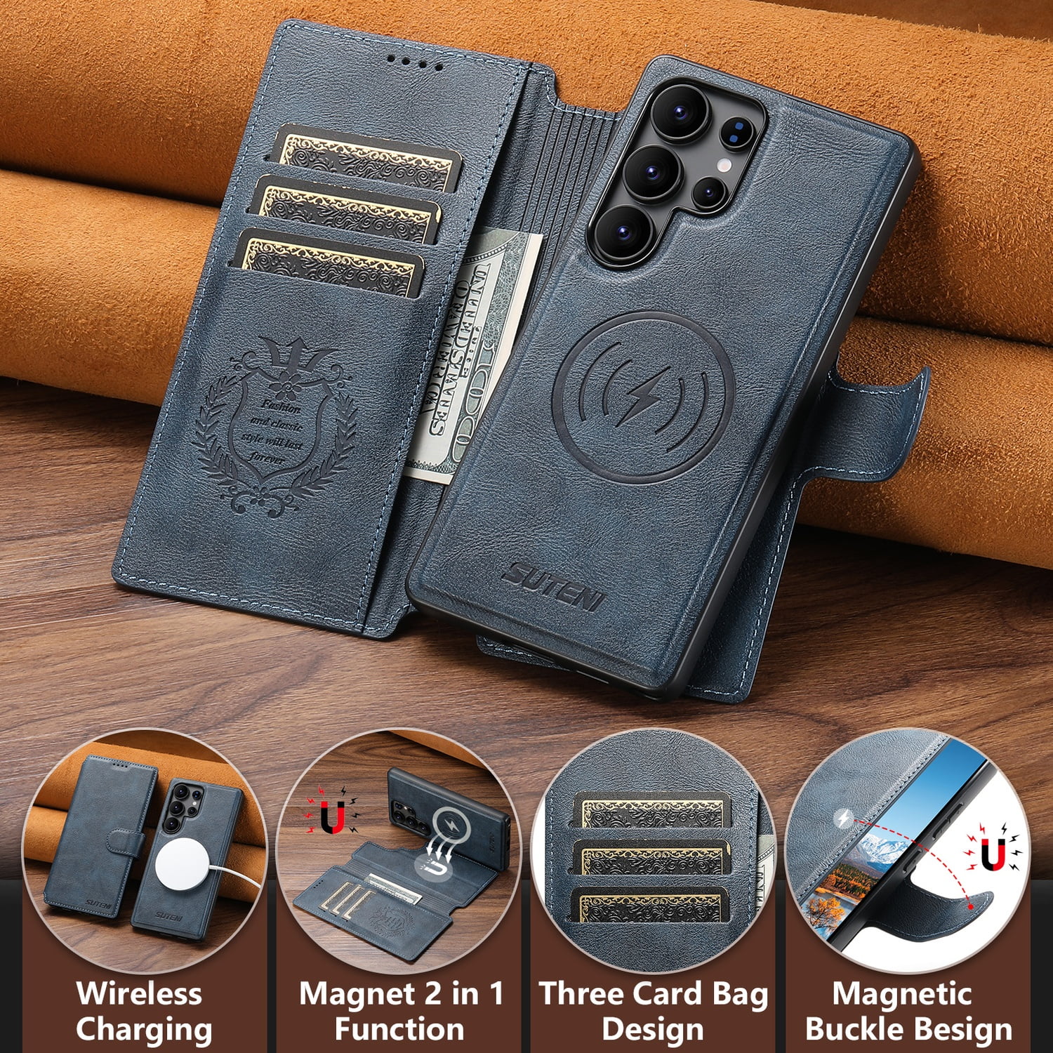 for Samsung Galaxy S24 Ultra Detachable Wallet Case, PU Leather Magnetic Cover Support Wireless Charging & Magnetic Car Mount, Card Slots Holder, Flip Stand, Folio Protective Phone Shell, Blue