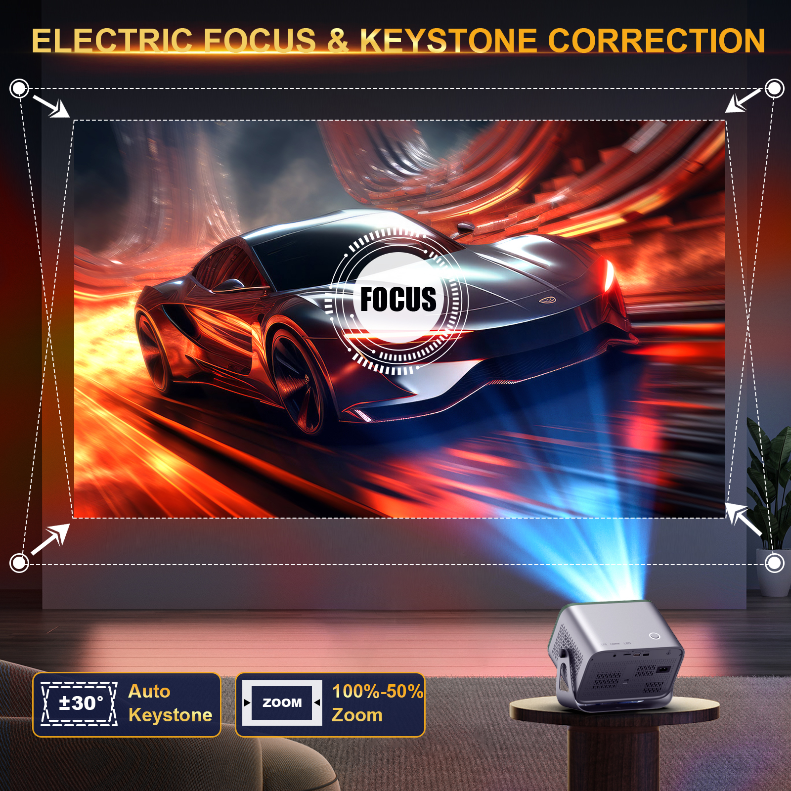 GCZ Native 1080P Projector with WiFi and Bluetooth, Electric Focus, 200 ANSI Portable Projector for Home Theater and Outdoor Use