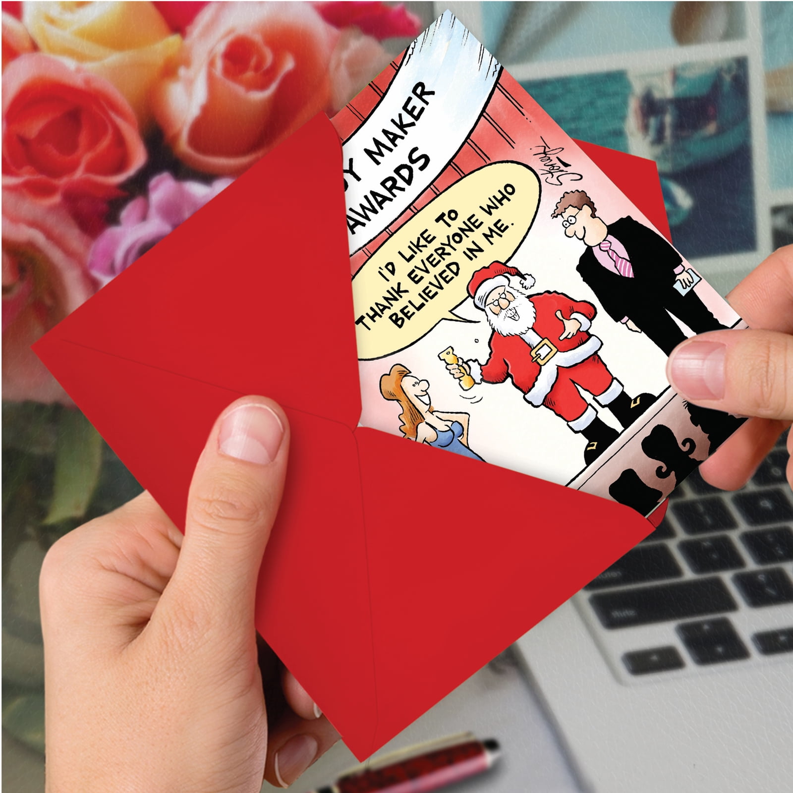 12 Funny Christmas Thank You Greeting Cards Bulk Set with 5 x 7 Inch Envelopes - Saint Nick Giving Award Acceptance Speech Onstage