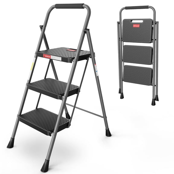 HBTower 3 Step Ladder, 330 lbs Heavy Duty Folding Step Stool, Lightweight, Portable Step Stool with Wide and Non-Slip Pedal and Convenient Handrail, for Kitchen, Garage, Outdoor Use, Gray