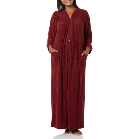

AmeriMark Women s Terry Knit Long Robe Bath Robe w/ Snap Front & Trapunto Trim Wine XL
