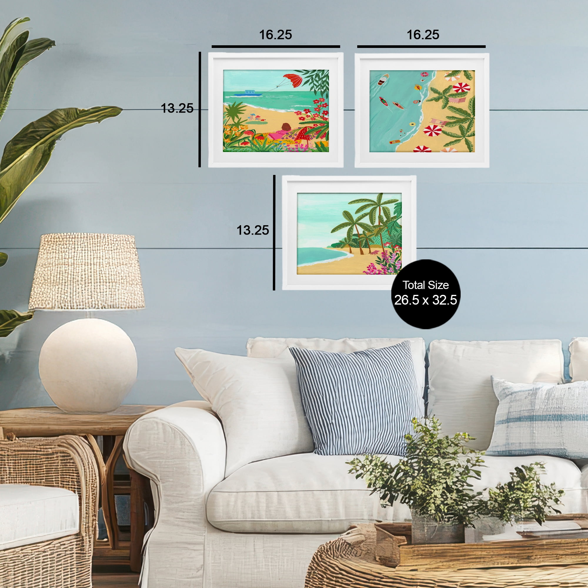 Busy Beach And Flowers 3 Piece White Framed Print Under Glass Set, design by Nabeela Rumi